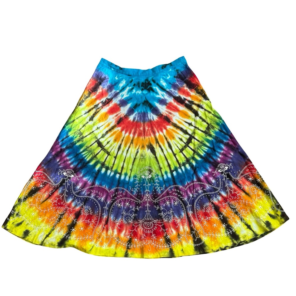 Vintage LRL Ralph Lauren Tie Dye Eyelet Embroidered Linen Cotton Midi Skirt 12